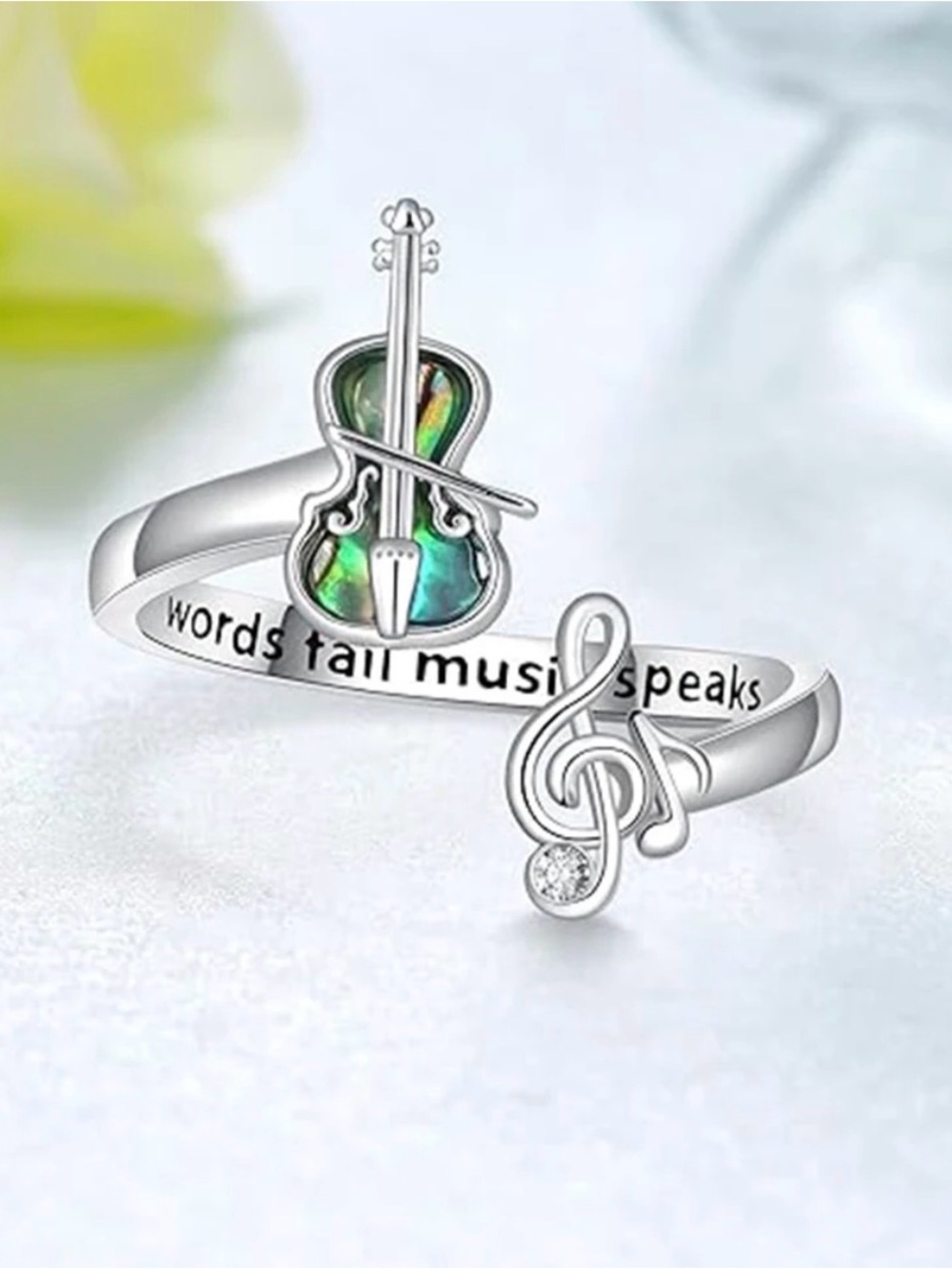 Silver Green Clover Open Ring